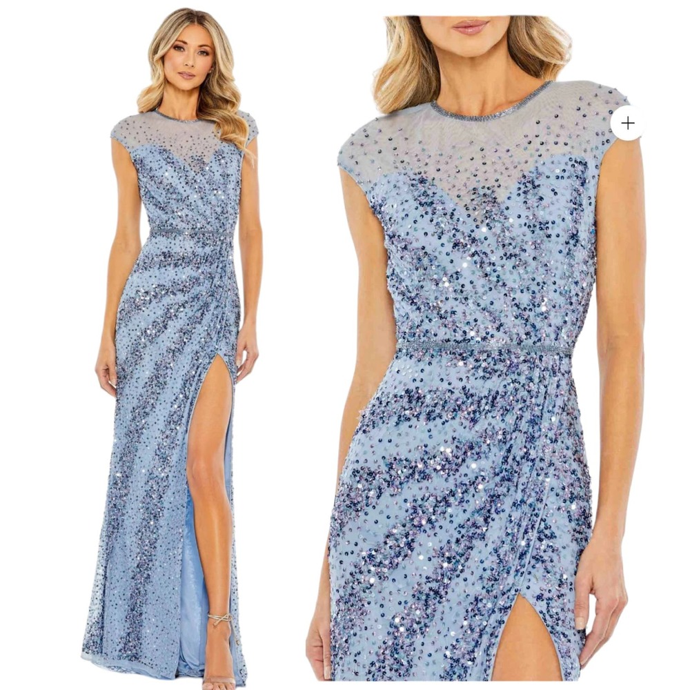 Mac Duggal Sequin Beaded Embellished Blue Gown Dress Slit Cap Sleeve Mesh 2 5619